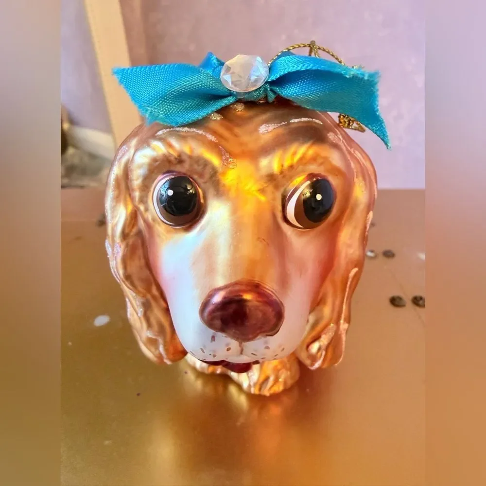 Hand Blown Golden Cocker Spaniel with Pink Tutu & Blue Bow Holiday Ornament